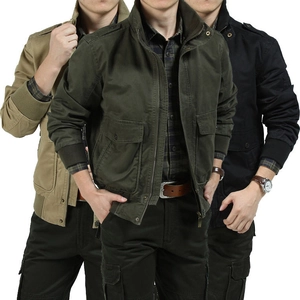 Three men wearing military-style bomber jackets in khaki, army green, and black colors