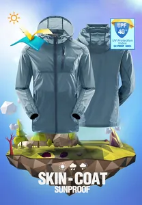 Detail of light blue sunproof jacket with UPF 40 plus rating and outdoor skin coat design