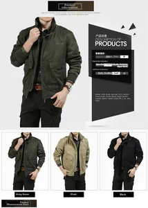 Detailed view of military style cotton jacket showing stand collar and pocket logos