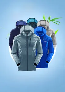Detail showing various colors of lightweight UV protection jackets with UPF40+ rating