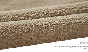 Detail view of the thick fleece lining on men's winter jacket showing soft khaki texture