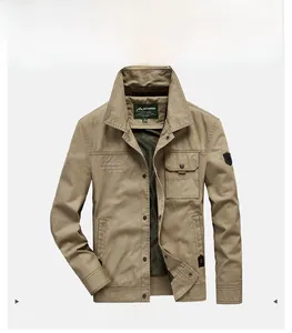 Flat lay of khaki casual jacket with stand collar and embroidered chest detail