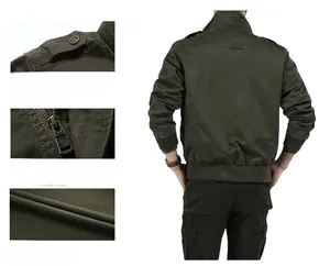Detailed views of the stand-up collar, durable metal zipper, and fabric of the army jacket