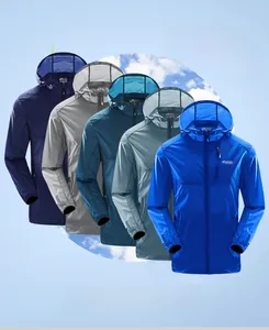 Close-up of lightweight hooded outdoor jackets in five colors including navy and blue