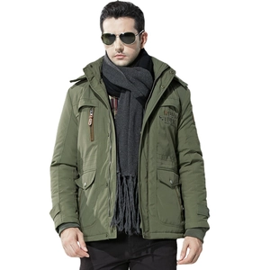 Men's army green heavy winter hooded jacket with multiple pockets and warm fleece lining