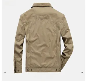 Detail view of khaki casual jacket back featuring leather fashion patch and precise stitching