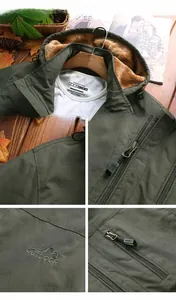 Detail of outdoor jacket showing warm faux shearling lining and embroidery