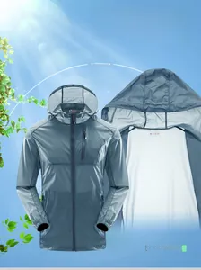 Detail of blue outdoor sun protection jacket with UPF 40+ rating and hood
