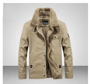 Detail of khaki military jacket featuring thick fleece lining and cargo pockets