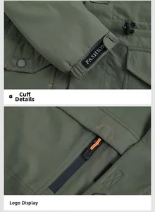 Detail of hooded jacket cuffs with fashion velcro and orange zipper drawstring puller