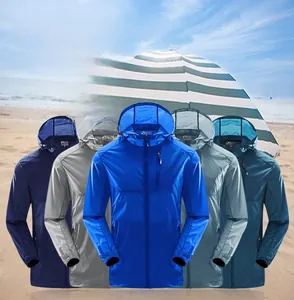 Close-up of lightweight sun protection jackets in multiple colors with Outdoor logo detail