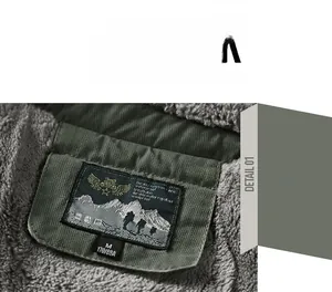Detail of army green cargo jacket featuring warm gray fleece lining and functional neck label
