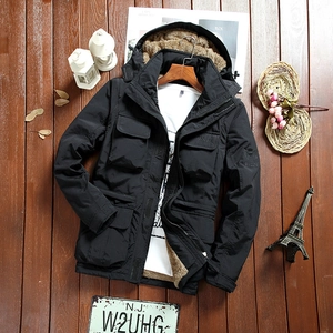 Detail of men's black hooded outdoor jacket with warm fleece lining and classic embroidery