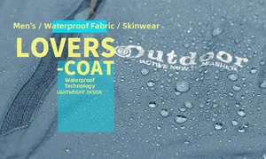 Detail of water-resistant technology on dark blue lightweight men's outdoor skin coat fabric