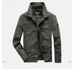 Detail of army green outdoor jacket with stand collar and chest embroidery logo