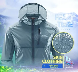 Detail of water-resistant blue-grey hooded sun protection jacket for outdoor hiking