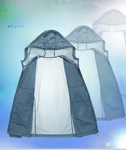 Detail view of lightweight blue-grey sun protection jacket with hood and full zipper