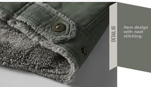 Detail view of olive green jacket hem with warm fleece lining and fashion metal buttons