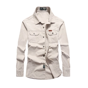Slim fit khaki long sleeve outdoor military style shirt with dual flap pockets