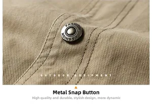 Close-up of a premium metal snap button with FASHION engraving on khaki twill fabric jacket