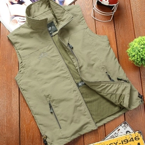 Men's Outdoor Lightweight Multi-Pocket Vest Casual Stand Collar Mesh Lining Photography Fishing Sleeveless Linen Jacket Top