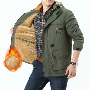 Men's Outdoor Fleece Lined Hooded Jacket Windproof Waterproof Multi Pocket Warm Casual Cargo Coat Nylon Outerwear For Winter
