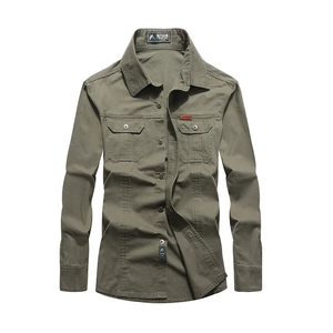 Army green long sleeve work shirt for men featuring dual chest pockets and durable cotton