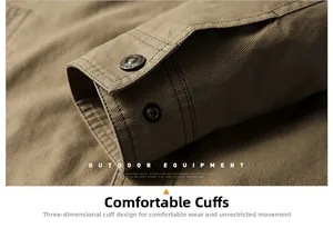 Macro shot of khaki cotton jacket sleeve cuffs with adjustable metal snap buttons