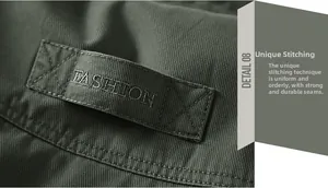 Close-up of military green twill fabric with FASHION woven label and precision stitching