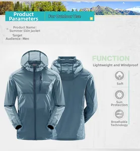 Detail view of lightweight gray-blue men's hooded sun protection jacket with outdoor function