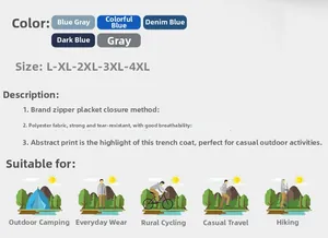 Detail guide for men's sun protection jacket showing colors, sizes, and breathable fabric