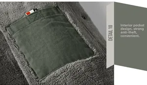 Macro shot of an olive canvas inner pocket with tri-color ribbon on dark fleece lining