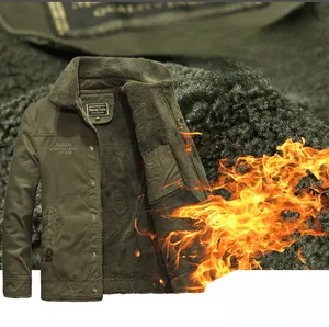 Detail of army green winter jacket showing warm lamb wool lining and metal buttons