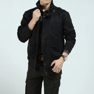 Men's black military style work jacket with stand collar and epaulets detailing