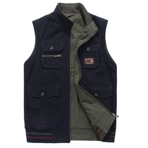 Men's reversible outdoor cotton vest with multi-pockets and ribbed hem in deep blue