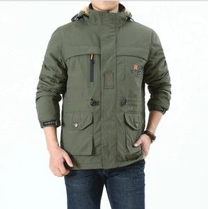 Men's army green hooded jacket with fleece lining and tactical cargo pockets