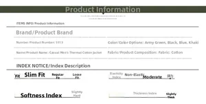 Detailed size chart and material specs for casual men winter thermal cotton padded jacket