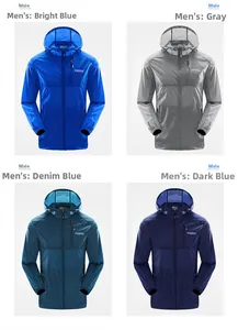 Detail view of lightweight men's sun protection jackets in four diverse colors