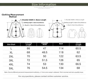 Detailed size chart for men winter fleece jacket with measurements from L to 5XL