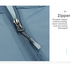 Detailed close-up of a durable metal zipper with a nylon pull cord on a blue sun protection jacket