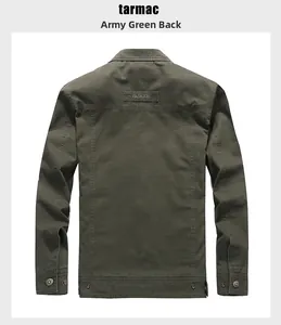 Detail view of military green cotton jacket back with fashion patch and metal buttons