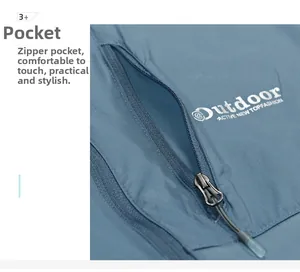 Detail of blue outdoor jacket showing side zipper pocket and white active print