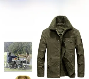 Detail of military green winter jacket with plush collar and warm fleece lining