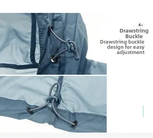 Close-up of adjustable drawstring toggle and waterproof fabric on sun protection jacket