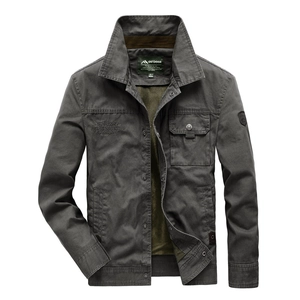Rugged dark grey casual outdoor cotton jacket for men with embroidered details