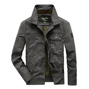 Men's casual olive grey outdoor cotton jacket with stand collar and chest embroidery