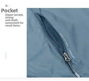 Detail view of blue lightweight windbreaker featuring a secure anti-theft zipper pocket