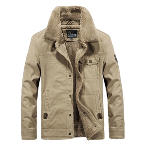 Men's khaki tactical cargo jacket with warm faux shearling collar and fleece lining