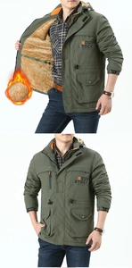 Detail of army green winter jacket featuring thick fleece lining and windproof hood