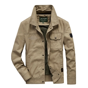 Men's khaki cotton outdoor cargo jacket with embroidery and chest utility pocket
